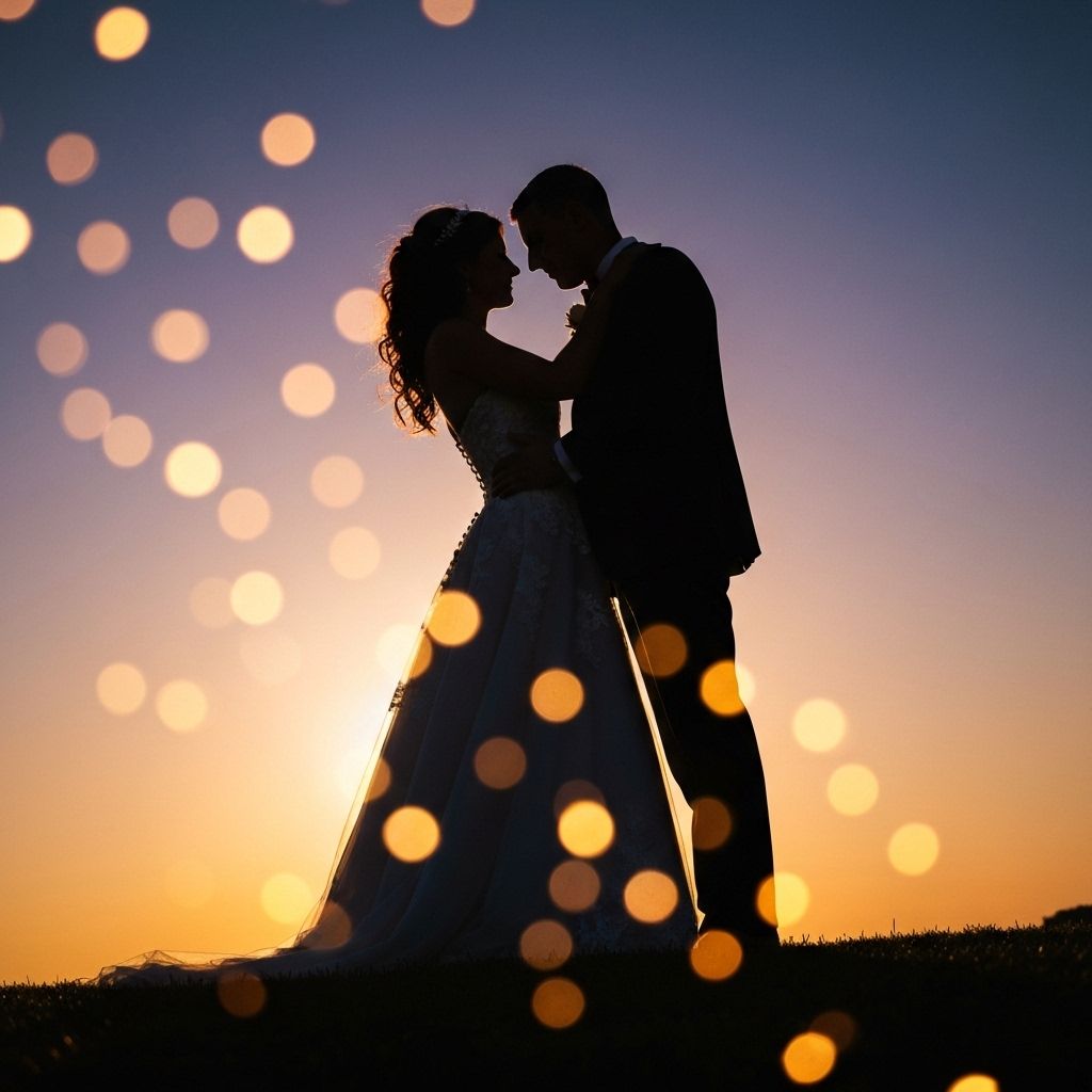 Romantic wedding couple silhouette at sunset with warm bokeh lights